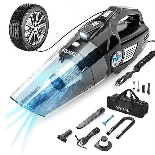 VARSK 4-in-1 Car Vacuum Cleaner, Tire Inflator Portable Air Compressor with Digital Tire Pressure Gauge LCD Display and LED Light, 12V DC Air Compressor Pump, 15FT Cord, Bonus HEPA Filter and Nozzles