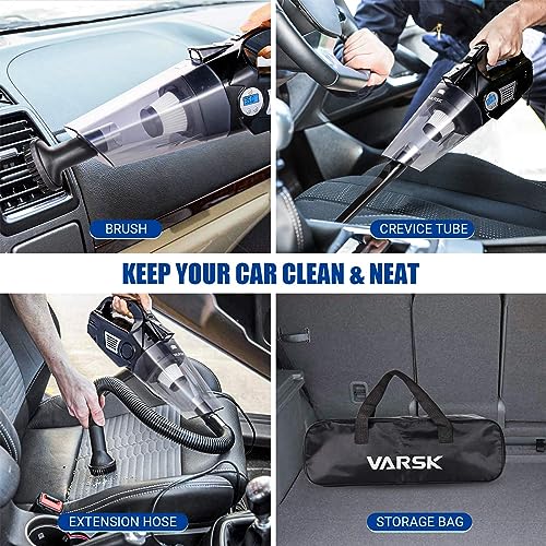 VARSK 4-in-1 Car Vacuum Cleaner, Tire Inflator Portable Air Compressor with Digital Tire Pressure Gauge LCD Display and LED Light, 12V DC Air Compressor Pump, 15FT Cord, Bonus HEPA Filter and Nozzles