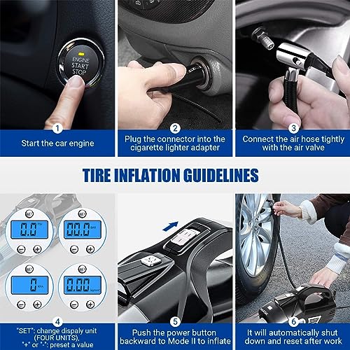 VARSK 4-in-1 Car Vacuum Cleaner, Tire Inflator Portable Air Compressor with Digital Tire Pressure Gauge LCD Display and LED Light, 12V DC Air Compressor Pump, 15FT Cord, Bonus HEPA Filter and Nozzles