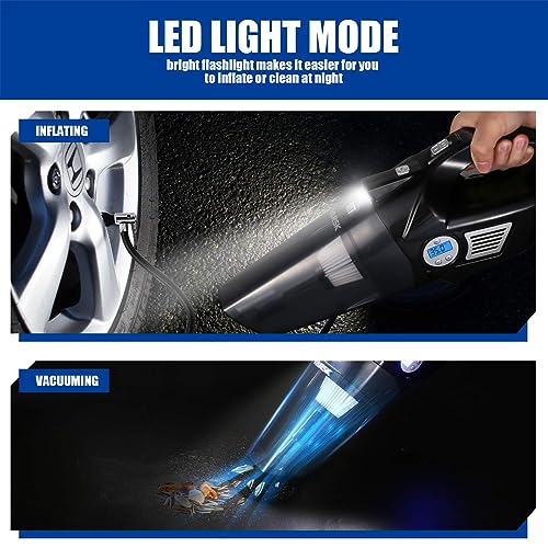 VARSK 4-in-1 Car Vacuum Cleaner, Tire Inflator Portable Air Compressor with Digital Tire Pressure Gauge LCD Display and LED Light, 12V DC Air Compressor Pump, 15FT Cord, Bonus HEPA Filter and Nozzles