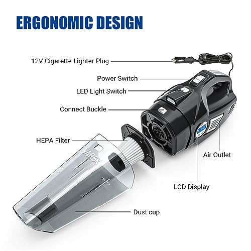 VARSK 4-in-1 Car Vacuum Cleaner, Tire Inflator Portable Air Compressor with Digital Tire Pressure Gauge LCD Display and LED Light, 12V DC Air Compressor Pump, 15FT Cord, Bonus HEPA Filter and Nozzles