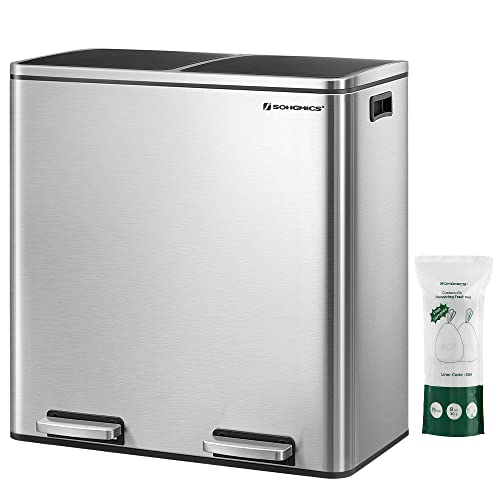 SONGMICS Trash Can, 2 x 8 Gal Garbage Can for Kitchen, with 15 Trash Bags, 2 Compartments, Plastic Inner Buckets and Hinged Lids, Airtight, Silver and Black ULTB60NL