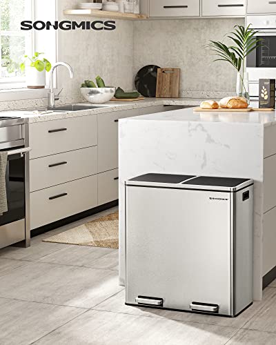 SONGMICS Trash Can, 2 x 8 Gal Garbage Can for Kitchen, with 15 Trash Bags, 2 Compartments, Plastic Inner Buckets and Hinged Lids, Airtight, Silver and Black ULTB60NL