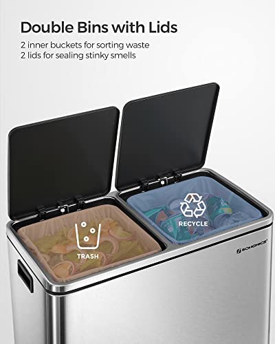 SONGMICS Trash Can, 2 x 8 Gal Garbage Can for Kitchen, with 15 Trash Bags, 2 Compartments, Plastic Inner Buckets and Hinged Lids, Airtight, Silver and Black ULTB60NL