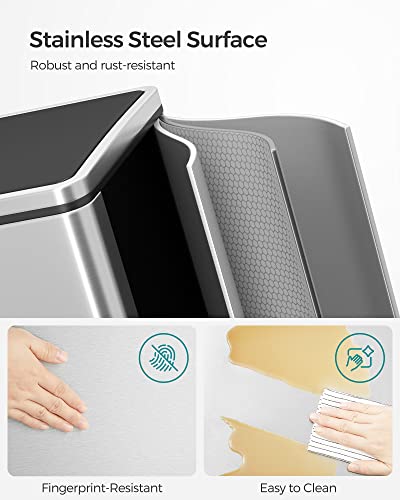 SONGMICS Trash Can, 2 x 8 Gal Garbage Can for Kitchen, with 15 Trash Bags, 2 Compartments, Plastic Inner Buckets and Hinged Lids, Airtight, Silver and Black ULTB60NL