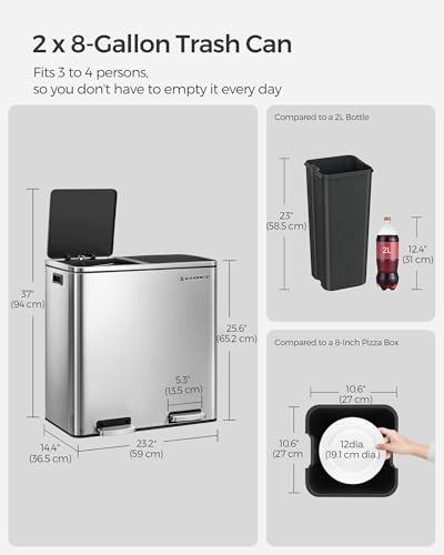 SONGMICS Trash Can, 2 x 8 Gal Garbage Can for Kitchen, with 15 Trash Bags, 2 Compartments, Plastic Inner Buckets and Hinged Lids, Airtight, Silver and Black ULTB60NL