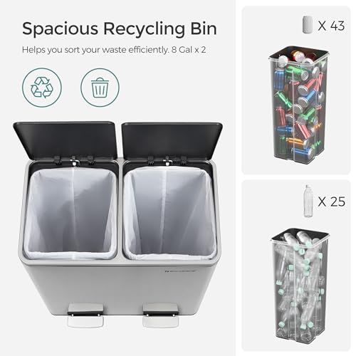 SONGMICS Trash Can, 2 x 8 Gal Garbage Can for Kitchen, with 15 Trash Bags, 2 Compartments, Plastic Inner Buckets and Hinged Lids, Airtight, Silver and Black ULTB60NL