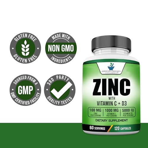 Zinc 100mg, Vitamin C 1000mg, Vitamin D 5000IU per Serving, Immune Support for Adults, Immune System Booster Supplements, Non GMO, No Filler, No Stearate, 120 Vegan Capsules, 60 Day Supply