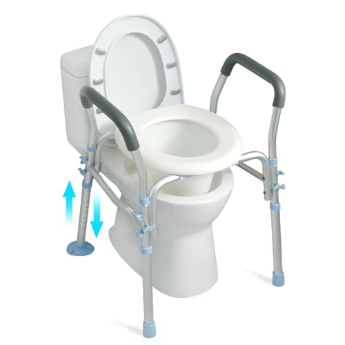 OasisSpace Stand Alone Raised Toilet Seat 300lbs - Heavy Duty Medical Raised Homecare Commode and Safety Frame, Height Adjustable Legs, Bathroom Assist Frame for Elderly, Handicap, Disabled