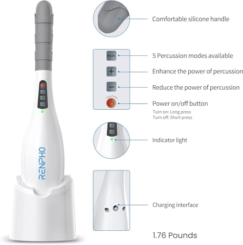 RENPHO Rechargeable Hand Held Deep Tissue Massager for Muscles, Back, Foot, Neck, Shoulder, Leg, Calf Cordless Electric Percussion Body Massage, White