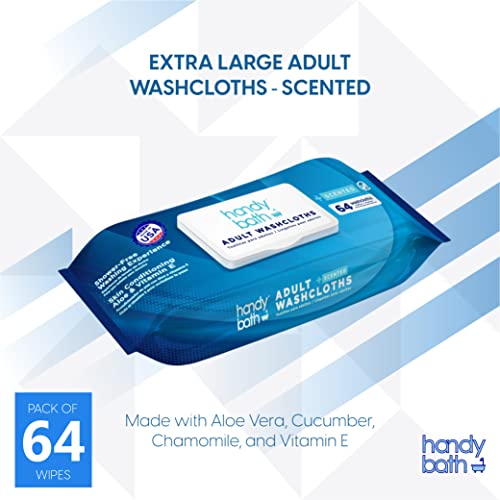 Handybath Incontinence Adult Washcloths Scented for Senior Care or Outdoor Activities - Extra Large 12 x 9" Towels -Cleaning Wipes with Aloe & Chamomile - Rinse Free - 64 Count Pack (1 Pack)