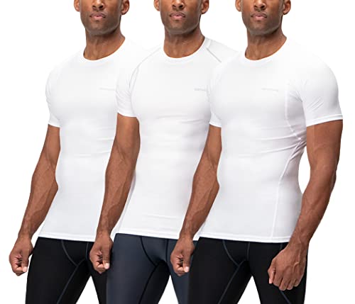 DEVOPS 3 Pack Men's Athletic Short Sleeve Compression Shirts (Large, White/White/White)