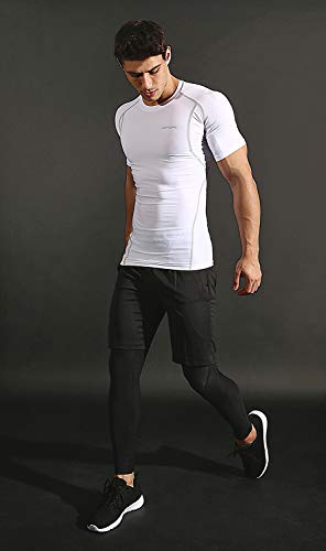 DEVOPS 3 Pack Men's Athletic Short Sleeve Compression Shirts (Large, White/White/White)