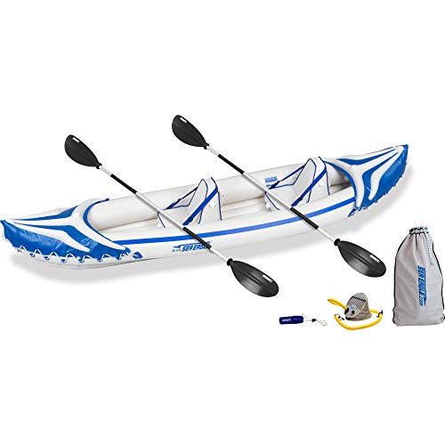 Sea Eagle SE370SK_P 3 Person Blow Up Inflatable Lightweight Rugged Portable Sport Tandem Kayak Canoe Including Back Seats and Bag, White/Blue
