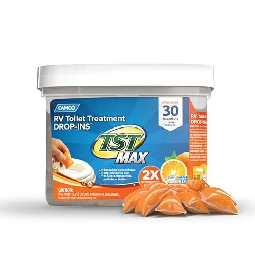 Camco TST MAX RV Toilet Treatment Drop-INs | Control Unwanted Odors and Break Down Waste and Tissue | Septic Tank Safe | Orange Scent | 30 Count - pack of 1 (41183)
