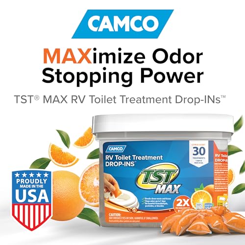 Camco TST MAX RV Toilet Treatment Drop-INs | Control Unwanted Odors and Break Down Waste and Tissue | Septic Tank Safe | Orange Scent | 30 Count - pack of 1 (41183)