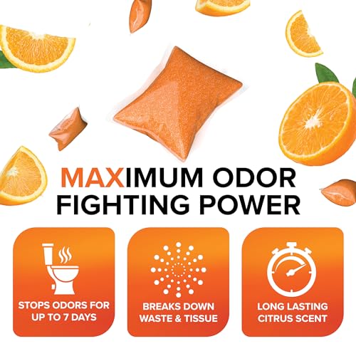 Camco TST MAX RV Toilet Treatment Drop-INs | Control Unwanted Odors and Break Down Waste and Tissue | Septic Tank Safe | Orange Scent | 30 Count - pack of 1 (41183)