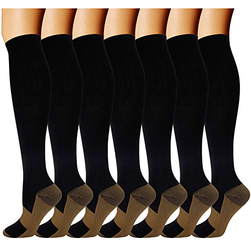 7 Pairs Copper Compression Socks for Men Women 20-30 mmHg Knee High Stockings