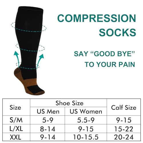 7 Pairs Copper Compression Socks for Men Women 20-30 mmHg Knee High Stockings
