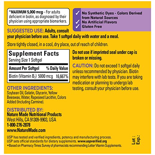 Nature Made Maximum Strength Biotin 5000 mcg, Dietary Supplement may help support Healthy Hair, Skin & Nails, 120 Softgels