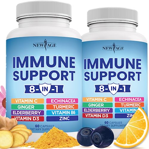 8 in 1 Immune Support Booster Supplement with Elderberry, Vitamin C and Zinc 50mg, Vitamin D 5000 IU, Turmeric Curcumin & Ginger, B6, Echinacea - 120 Count - 2 Pack