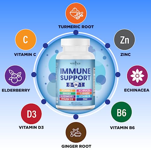 8 in 1 Immune Support Booster Supplement with Elderberry, Vitamin C and Zinc 50mg, Vitamin D 5000 IU, Turmeric Curcumin & Ginger, B6, Echinacea - 120 Count - 2 Pack