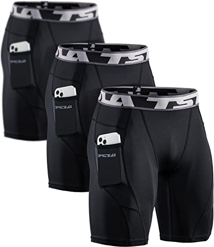 TSLA Men's Athletic Compression Shorts, Sports Performance Active Cool Dry Running Tights, Pocket 3pack Black/Black/Black, Medium