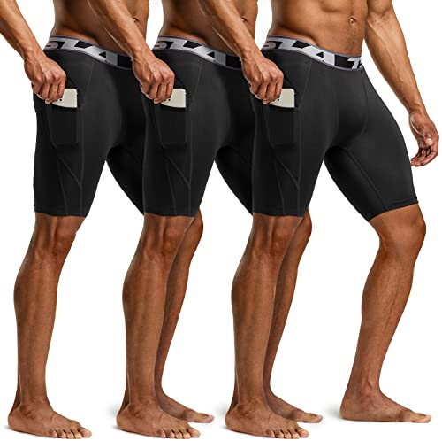TSLA Men's Athletic Compression Shorts, Sports Performance Active Cool Dry Running Tights, Pocket 3pack Black/Black/Black, Medium