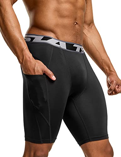 TSLA Men's Athletic Compression Shorts, Sports Performance Active Cool Dry Running Tights, Pocket 3pack Black/Black/Black, Medium