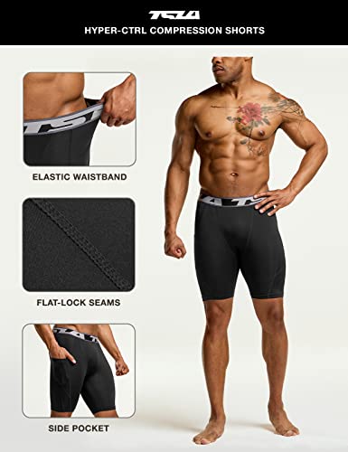 TSLA Men's Athletic Compression Shorts, Sports Performance Active Cool Dry Running Tights, Pocket 3pack Black/Black/Black, Medium