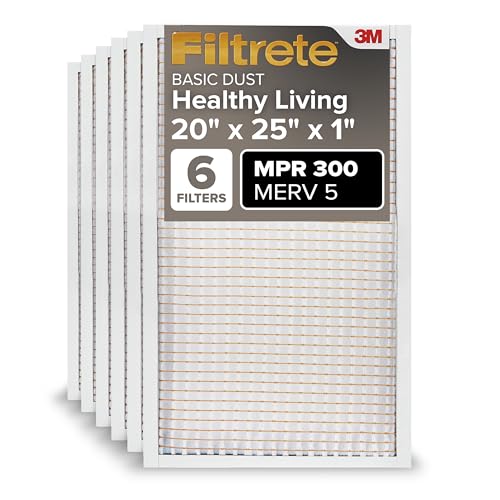 Filtrete 20x25x1, AC Furnace Air Filter, MPR 300, Clean Living Basic Dust, 6-Pack (exact dimensions 19.69 x 24.69 x 0.81)