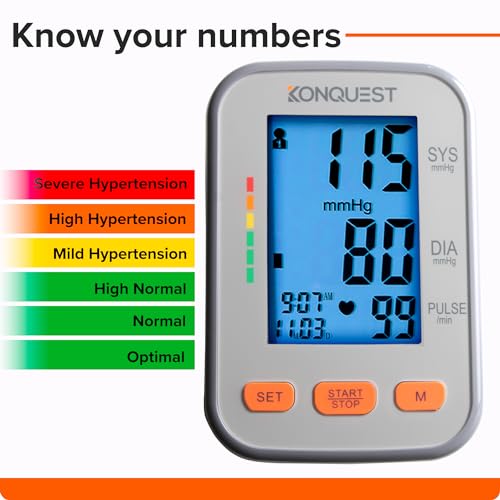 Konquest KBP-2704A Automatic Upper Arm Blood Pressure Monitor - Adjustable Cuff - Large Backlit Display - Irregular Heartbeat & Hypertension Detector - Tensiometro Digital