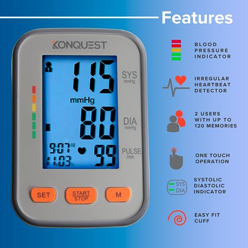Konquest KBP-2704A Automatic Upper Arm Blood Pressure Monitor - Adjustable Cuff - Large Backlit Display - Irregular Heartbeat & Hypertension Detector - Tensiometro Digital