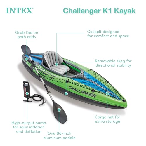 Intex Challenger K1 Kayak, 1-Person Inflatable Kayak Set with Aluminum Oars and High Output Air Pump