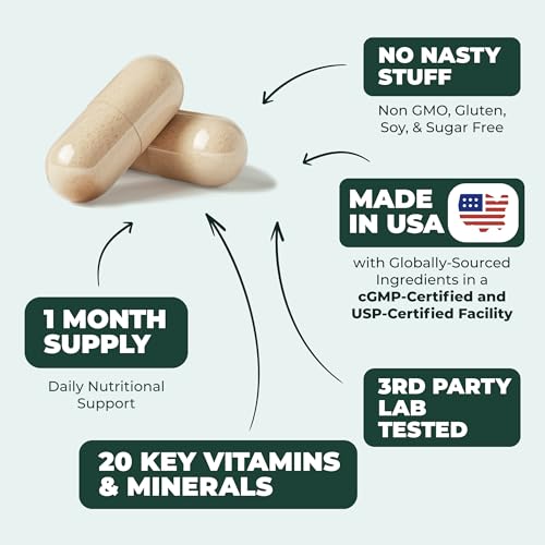 Men's Daily Multimineral Multivitamin Supplement - Vitamins A, C, E, D, B1, B2, B3, B5, B6, B12. Magnesium, Biotin, Spirulina, Zinc. Complete Antioxidant, Energy & Immune Support. 60 Capsules