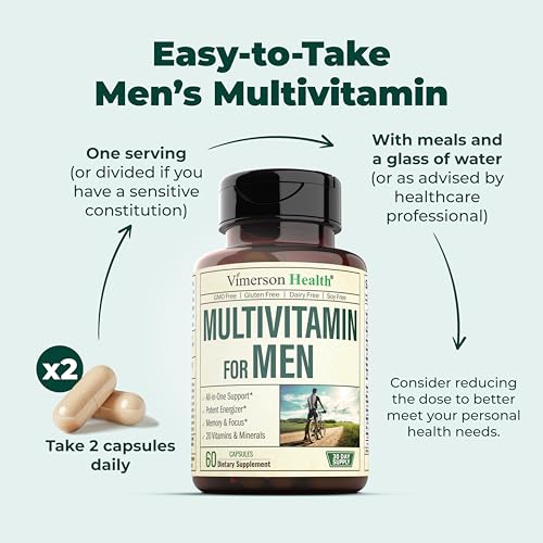 Men's Daily Multimineral Multivitamin Supplement - Vitamins A, C, E, D, B1, B2, B3, B5, B6, B12. Magnesium, Biotin, Spirulina, Zinc. Complete Antioxidant, Energy & Immune Support. 60 Capsules