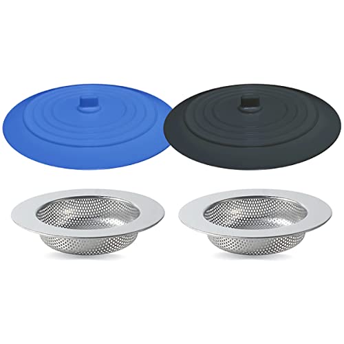 Seatery 4PCS Kitchen Sink Strainer Stopper Kit, Universal Silicone Sink Drain Plug Cover, Drain Water Stopper, 4.5 Inch Stainless Steel Sink Drain Strainer, Food Debris Catcher for Kitchen
