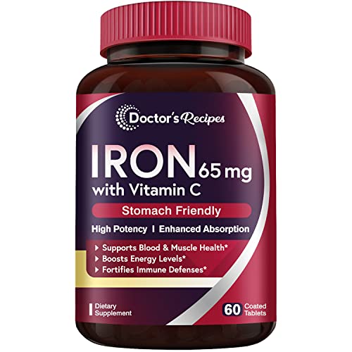 Doctorâs Recipes Iron 65 mg Carbonyl Iron with Vitamin C, Maximized Absorption Easy on The Stomach, Red Cells Formation, Blood, Heart, Brain, Muscle & Immunity Health, Vegan Non-GMO 60 Tablets