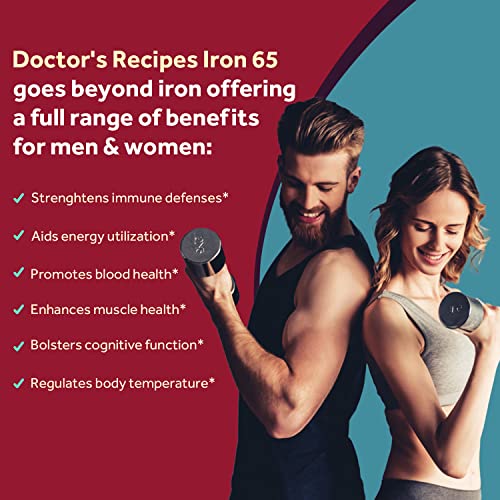 Doctorâs Recipes Iron 65 mg Carbonyl Iron with Vitamin C, Maximized Absorption Easy on The Stomach, Red Cells Formation, Blood, Heart, Brain, Muscle & Immunity Health, Vegan Non-GMO 60 Tablets