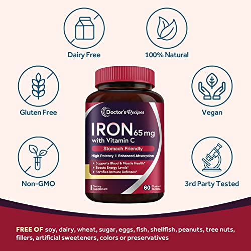 Doctorâs Recipes Iron 65 mg Carbonyl Iron with Vitamin C, Maximized Absorption Easy on The Stomach, Red Cells Formation, Blood, Heart, Brain, Muscle & Immunity Health, Vegan Non-GMO 60 Tablets
