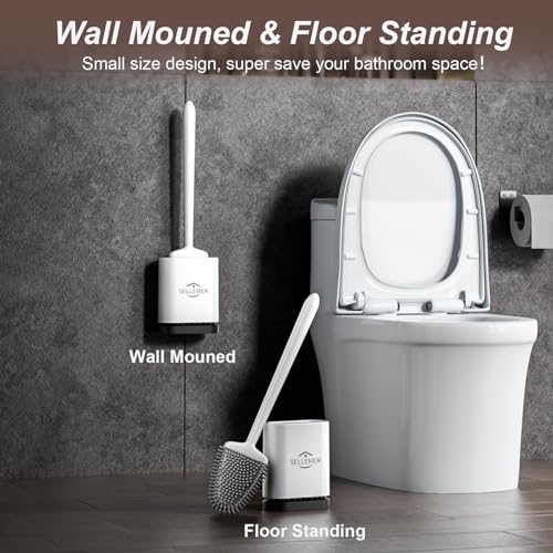 Sellemer Toilet Brush and Holder Set for Bathroom, Flexible Toilet Bowl Brush Head with Silicone Bristles, Compact Size for Storage and Organization, Ventilation Slots Base (White)