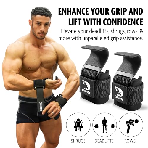 DMoose Weight Lifting Hooks (Pair), Hand Grip Support Wrist Straps for Men and Women, 8 mm Thick Padded Neoprene, Deadlift, Powerlifting, Pull up bar, Liftups, Shrugs