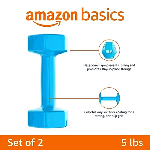 Amazon Basics Vinyl Hexagon Workout Dumbbell Hand Weight, 5-Pound, Light Blue - Set of 2