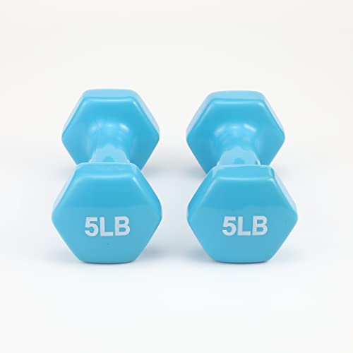 Amazon Basics Vinyl Hexagon Workout Dumbbell Hand Weight, 5-Pound, Light Blue - Set of 2
