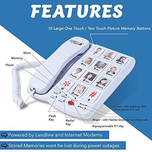 Future Call FC-0613 Picture Phone for Seniors w/10 One Touch Picture Memory Keys | Dementia Alzheimers Telephones for Seniors | Amplified Telephones for Hearing Impaired Seniors | 40db Volume Handset