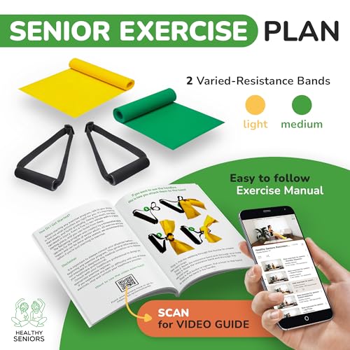 Healthy Seniors Chair Exercise Program with Two Resistance Bands, Handles and Printed Exercise Guide. Ideal for Rehab or Physical Therapy