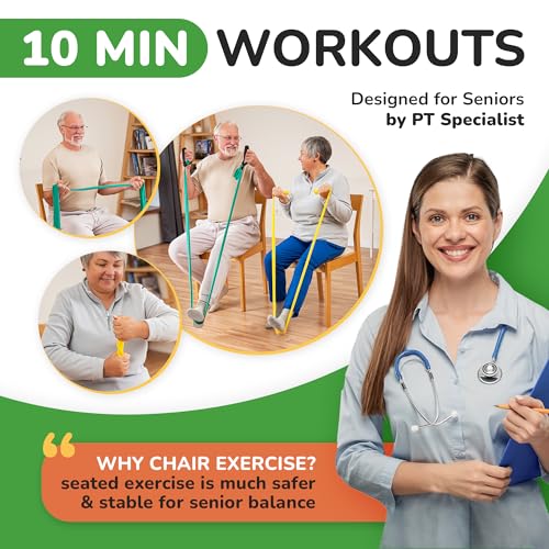 Healthy Seniors Chair Exercise Program with Two Resistance Bands, Handles and Printed Exercise Guide. Ideal for Rehab or Physical Therapy