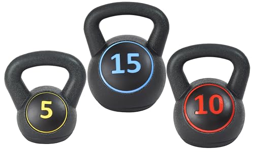 BalanceFrom Wide Grip Kettlebell Exercise Fitness Weight Set, Includes 5 lbs, 10 lbs, 15 lbs, Black