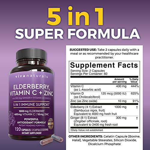 Viva Naturals Sambucus Elderberry with Vitamin C, Zinc, Vitamin D3 5000 IU & Ginger (120 Capsules) - Antioxidant & Immune Support Supplement, 2 Month Supply - 5 in 1 Black Elderberry for Adults