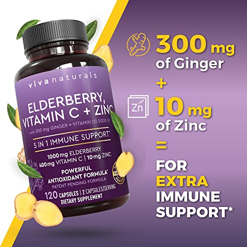 Viva Naturals Sambucus Elderberry with Vitamin C, Zinc, Vitamin D3 5000 IU & Ginger (120 Capsules) - Antioxidant & Immune Support Supplement, 2 Month Supply - 5 in 1 Black Elderberry for Adults